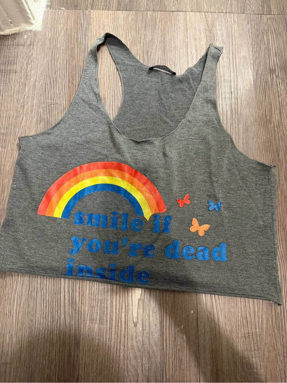 Crop Tank with Rainbow and Butterflies- “smile if you’re dead inside” crop-Small